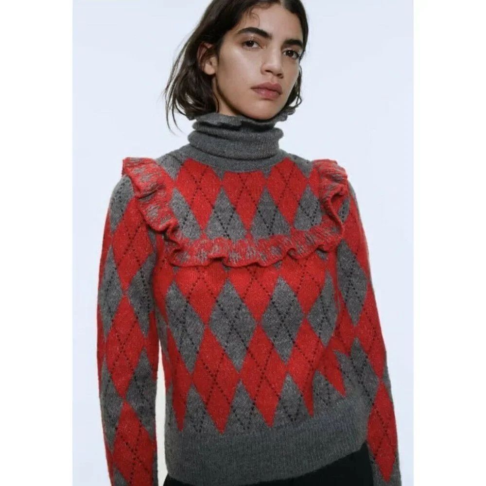 Zara Womens Argyle Sweater Turtleneck Ruffle Gray Red S Small NWT